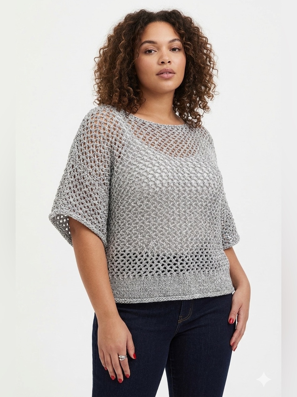 Torrid Open Stitch Dolman Sweater Crochet Batwing Knit Silver Grey Marled (1/2)